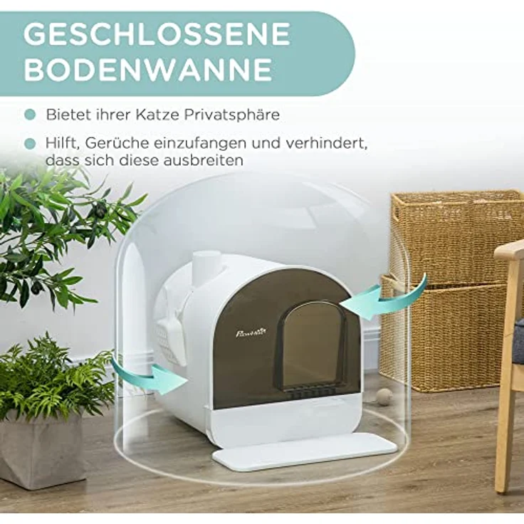 PawHut Katzentoilette Toilette mit Haube für Katzen bis 5 kg Katzenklo mit Deckel inkl. Schaufel ausziehbares Tablett Katzenstreu Matte Kunststoff Weiß 43 x 44 x 47 cm – Bild 5