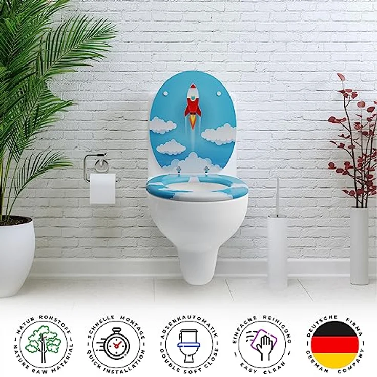 Sanfino WC Sitz Rocket, Toilettendeckel aus Holz mit Absenkautomatik und blauem Raketen-Motiv, 43,5 x 37,5 cm – Bild 4