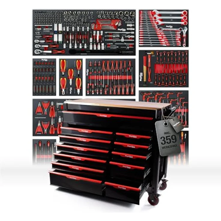 Mephisto-Tools Werkstattwagen, Pro-Line 12 abschließbare Schubladen, CRV Werkzeug, schwarz/rot – Bild 2