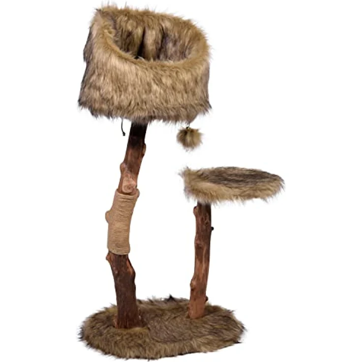 dobar® 35291FSCe Design Kratzbaum "Sunny" 2 Etagen - Echtholz Kratzmöbel für Katzen - Krallenpflege mit Jute - Katzenbaum mit Naturholzstamm inkl. Plüschbezug & Spielball - 50 x 40 x 99-109 cm - Braun – Bild 2