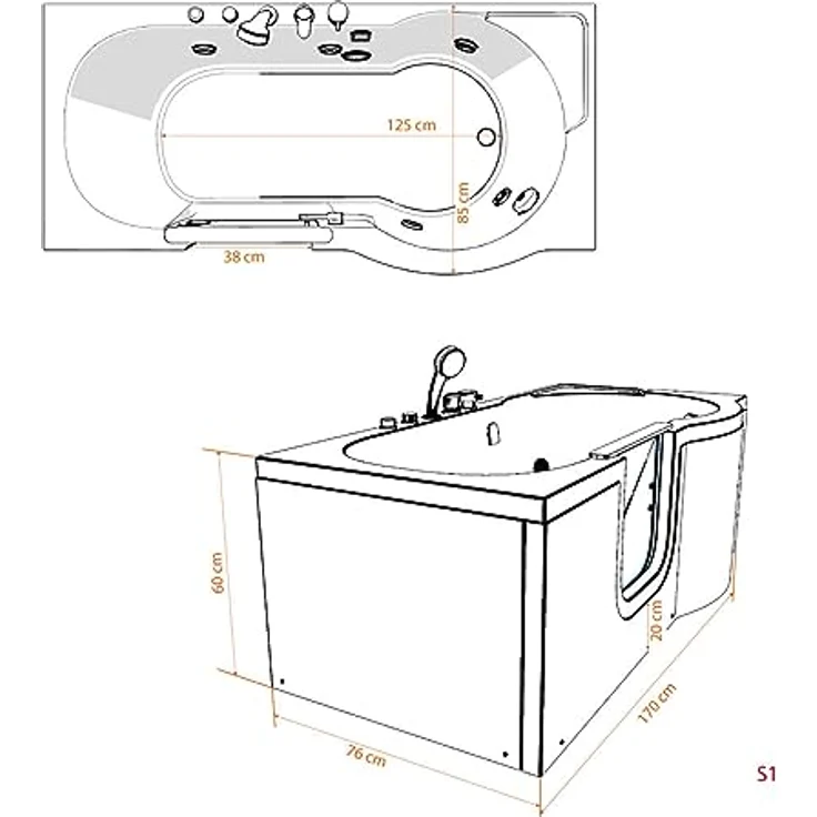 AcquaVapore Whirlpool-Badewanne Sitzbadewanne Senioren Wanne Sitzwanne mit Tür S12-TH-AIR-L 170x85cm, (1-tlg) mit Thermostat-Armatur und 12 Luft-Massage-Düsen – Bild 4