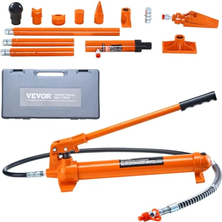 VEVOR Hydraulikzylinder Bausatz, tragbarer hydraulischer Wagenheber 10 t mit 1,4 m Ölschlauch, Autokarosserierahmen-Reparaturset im robusten Aufbewahrungskoffer, orange – Bild 1
