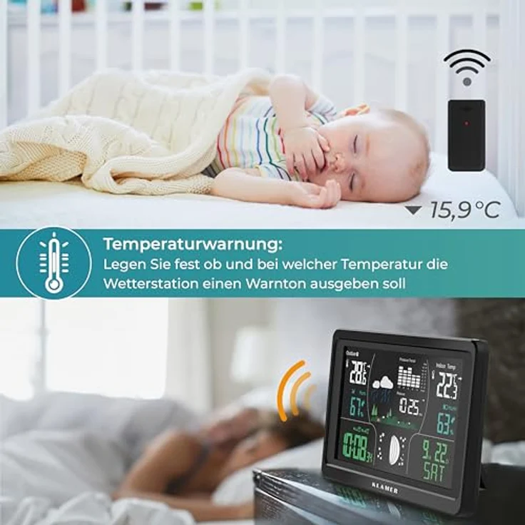 KLAMER Wetterstation Funk mit Außensensor, digitale Funkwetterstation mit Temperaturwarnung, Raumthermometer innen und außen, Wecker, Barometer, RCC Funkuhr, batteriebetrieben und netzbetrieben, schwarz – Bild 5