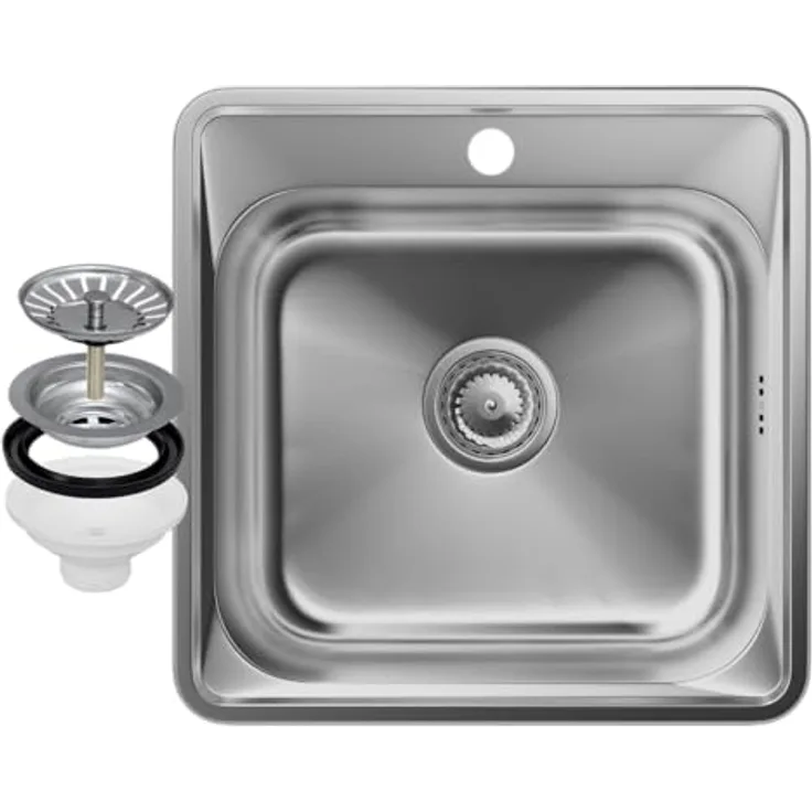 Granitan Spülbecken mit Siphon 48 x 48 cm - Edelstahlspüle mit Hahnloch für Spülbecken 92mm - Satin