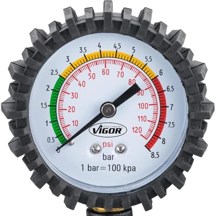 Vigor Reifenfüller (0 bis 8,5 bar, extra Langer Schlauch: 500 mm, Gewicht: 0,49 kg) V6905, Schwarz-Rot – Bild 5