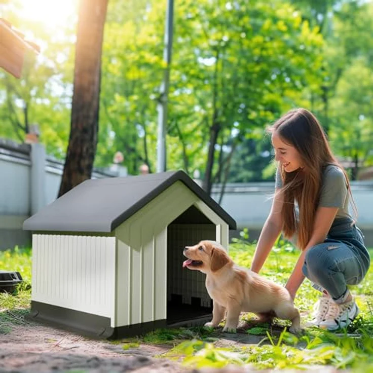 PawHut Hundehütte Outdoor Hundehaus mit Asphaltdach, Fenster, Wetterfest Kleintierhaus, Hundehöhle für Mini und kleine Hunde Grau 62 x 61 x 60 cm – Bild 2