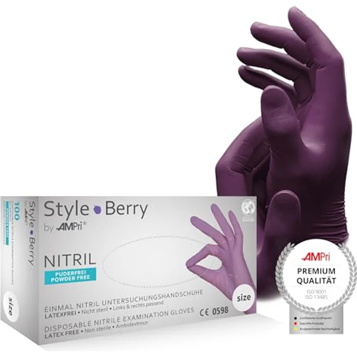 AMPri Nitrilhandschuhe, lila, 100 Stück/Box, Größe M, puderfrei, Style Berry by Med-Comfort: Einweghandschuhe in den Größen XS, S, M, L, XL – Bild 1