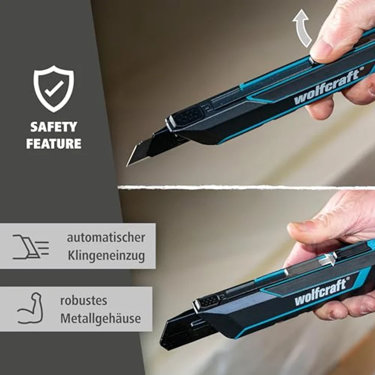 Wolfcraft 4291000 PRO SAFETY Abbrechklingenmesser 25mm, ergonomisches Teppichmesser mit PRO SHARP-Klinge für Links- und Rechtshänder – Bild 3