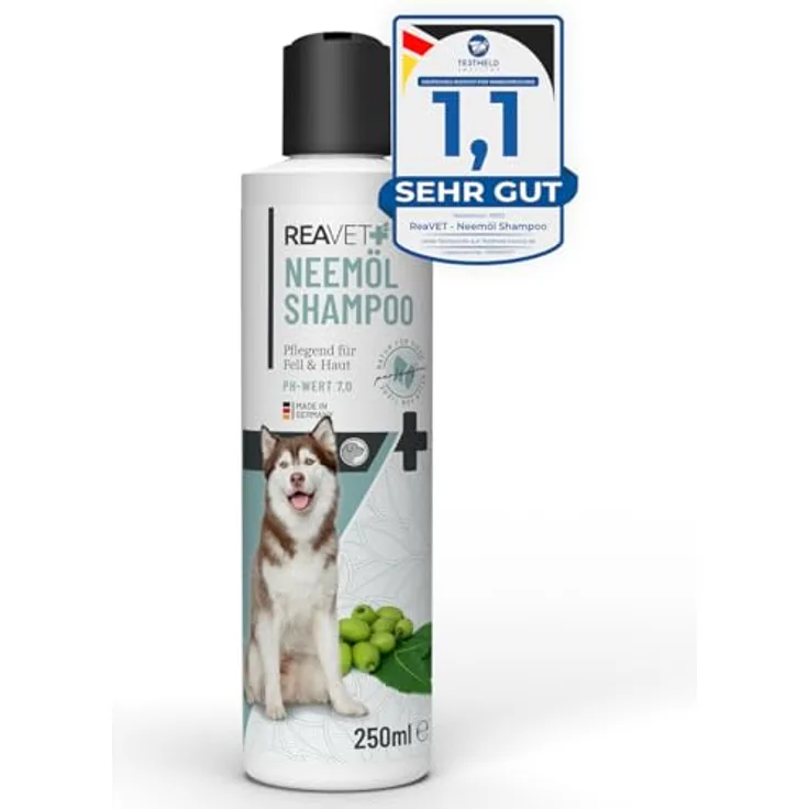 TESTURTEIL SEHR GUT 09/23 ReaVET Hundeshampoo - Neemöl gegen Milben, Flöhe, Zecken & Parasiten, 250 ml - Parasiten Shampoo, alle Rassen, angenehmen Duft & auf Hundehaut angepasst, Welpen geeignet