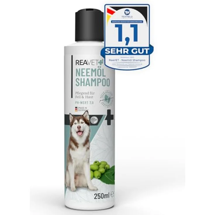 TESTURTEIL SEHR GUT 09/23 ReaVET Hundeshampoo - Neemöl gegen Milben, Flöhe, Zecken & Parasiten, 250 ml - Parasiten Shampoo, alle Rassen, angenehmen Duft & auf Hundehaut angepasst, Welpen geeignet – Bild 1