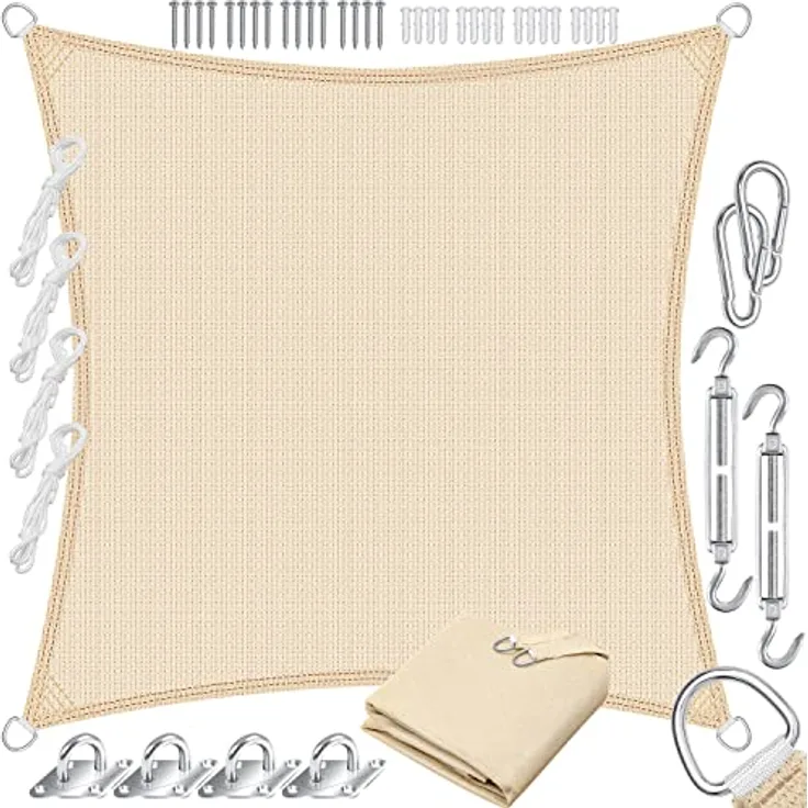 KESSER Sonnensegel Sonnenschutz Windschutz HDPE Gewebe wasserabweisend & windabweisend 5-Fach quer vernäht robust & stabil Schattenspender Garten Balkon Terrasse Quadrat, Creme, 2x2m