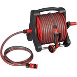 Juskys Schlauchtrommel Basic, 30 m, Multifunktionsbrause, 10 Funktionen, diverse Adapter, rot/grau