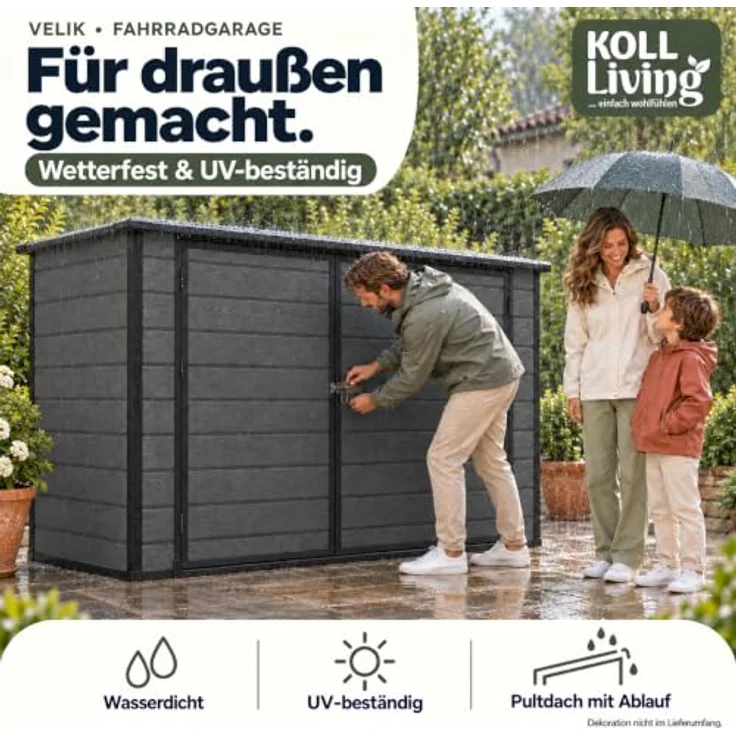 Koll Living Fahrradgarage Velik, 211 x 102 x 150 cm, 3,1 m³, grau, Doppeltür, Pultdach, UV- & witterungsbeständig, platzsparend – Bild 5