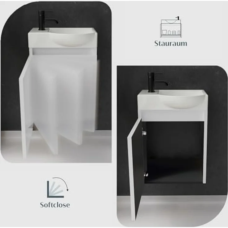 Alpenberger Waschbecken Gäste WC Waschbecken mit Unterschrank, Softclose-Funktion, 45 cm Breite, Weiss - Hängeschrank Vormontiert – Bild 5