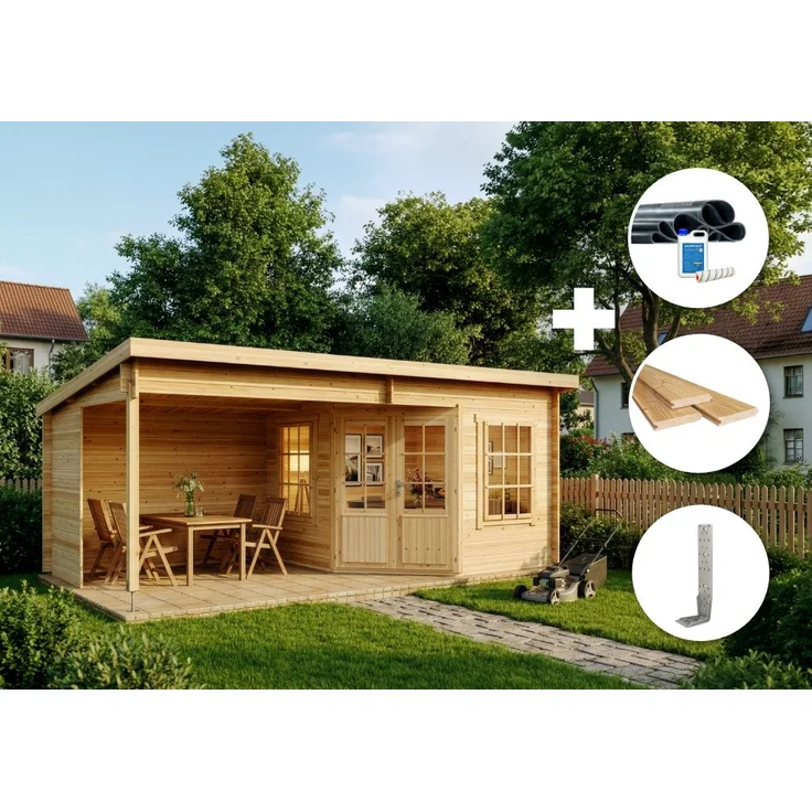 Alpholz Gartenhaus Holz Set - Carl, 598x330 cm, in naturbelassen mit Fußboden und Dacheindeckung