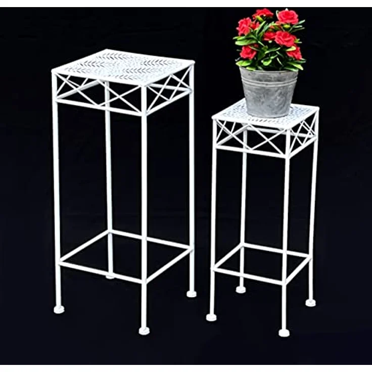 DanDiBo Blumenständer 2er Set, Weiß Metall, Eckig Beistelltisch für Pflanzen und Kräuter – Bild 5