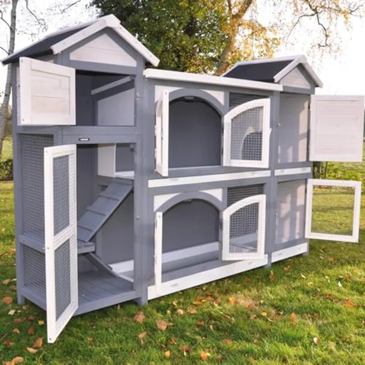 nanook Kaninchenstall, Hasenstall Castle XXL mit seitlichen Aufgängen - wetterfest - Staufach - extragroß 181 x 43 x 127 cm grau/Weiss – Bild 3