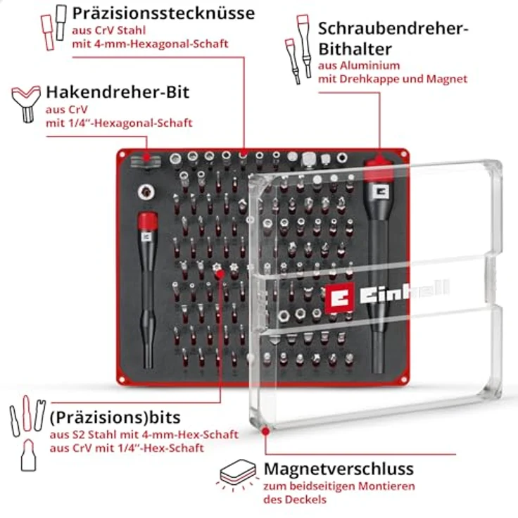 Einhell Präzisionsbit-Set 114-teilig, inklusive 28-mm- und 25-mm-Bits, mit Aluminium-Bithaltern und Adapter, Magnetverschluss-Box – Bild 3