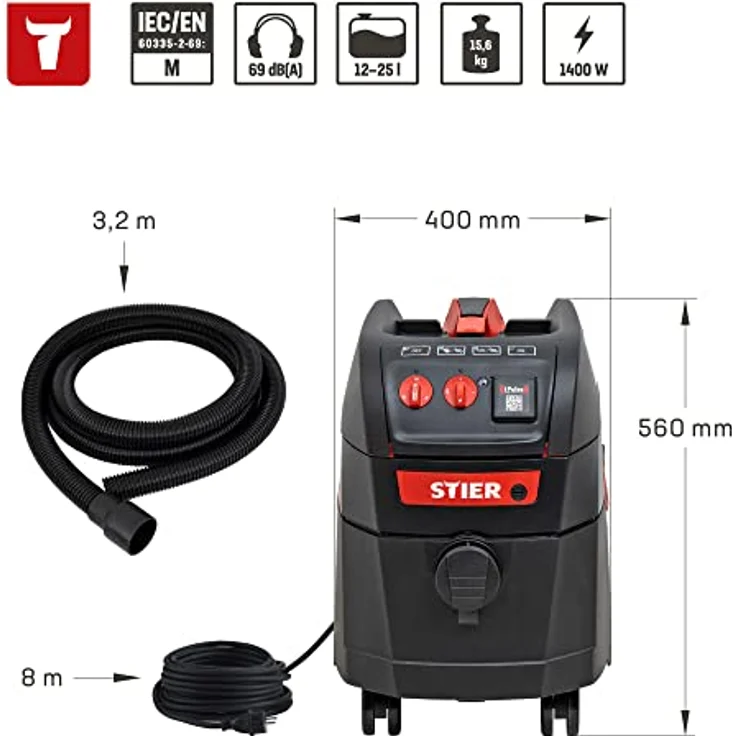 STIER Nass-Trockensauger ABS-35M Premium, 1400W, 35l Behälter, 13m Aktionsradius, zertifizierter Sauger der Staubklasse M, Werkstattsauger, Baustaubsauger, blau – Bild 3