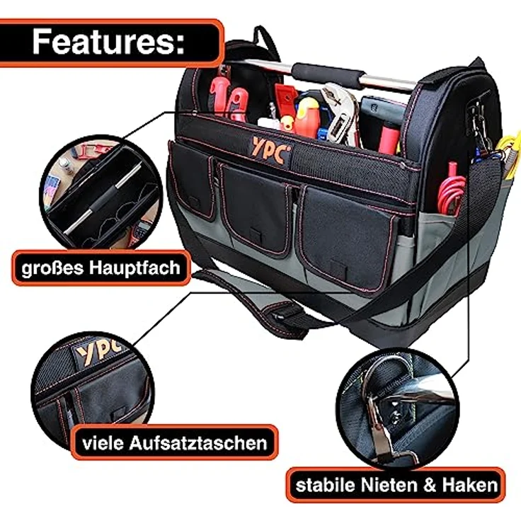YPC Pioneer Werkzeugkorb XXL – Profi tragbare Werkzeugtasche, Wasserfest, Reißfest, Schultergurt mit Polster & Metall-Handgriff, Grau-Schwarz, 45x35x23cm, 20 kg Tragkraft – Bild 5