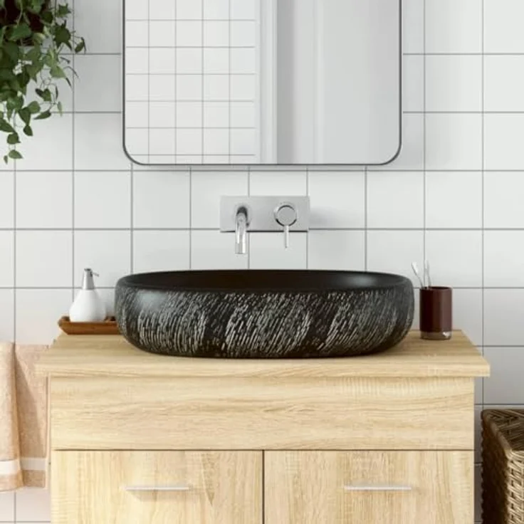 vidaXL Aufsatzwaschbecken, Schwarz Oval 59x40x14 cm Keramik, handgefertigt, minimalistische Eleganz im Vintage-Stil – Bild 2