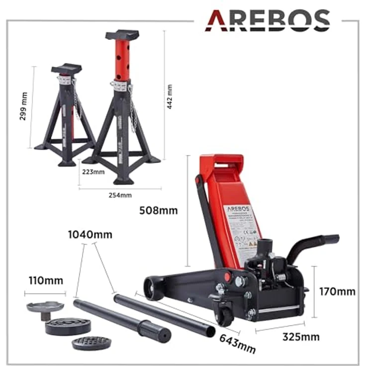 AREBOS 3T Hydraulischer Rangierwagenheber mit Fußpedal, 2x Unterstellbock, 3 Tonnen Tragkraft, 2x Auflagen - Schwarz/Rot, für einfaches und sicheres Arbeiten unter dem Auto in Werkstatt und Garage – Bild 10
