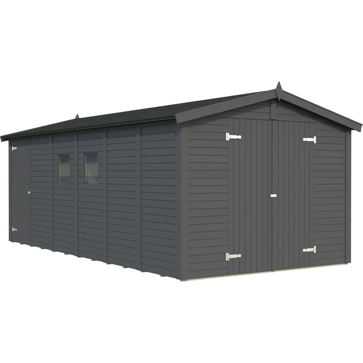 Palmako Gerätehaus Dan, 14,7 m² aus nordischem Fichtenholz, 16 mm dunkelgrau lackiert, mit zwei separaten Räumen und zwei Fenstern