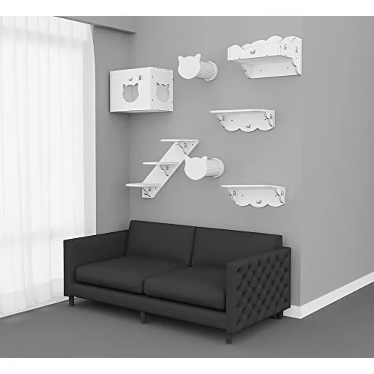 CatS Design Katzen Kletterwand Set XXL große Katzen stabil-Wandkratzbaum-Wandliege-Wandbett-Kletterstufen-Wandhöhle-Wand Kratzsäule-Wandelemente-7 Teilig Holz Wandpark K2