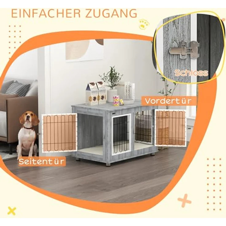 PawHut Hundekäfig Möbel mit 2 Türen, Metall Hundebox für große Hunde bis 25 kg, inklusive Kissen und 2 Verriegelungen, 90 x 58 x 65 cm, Grau – Bild 5