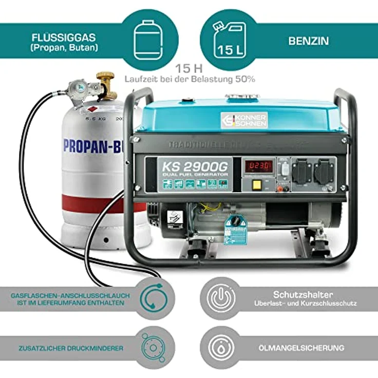 Könner & Söhnen KS 2900G, 2900 W DUAL FUEL Gas- und Benzin-Generator mit Druckminderer und 1,5 m Gasflaschen-Anschlussleitung – Bild 2