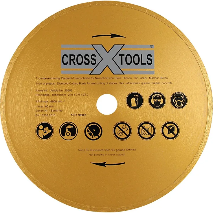 Cross Tools Diamanttrennscheibe 230 x 25,4 mm, Hochleistungs-Diamant-Trennscheibe für Nassschnitte, passend für Steintrennmaschine CSC 230-1200 PRO