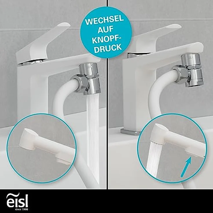 Eisl Duschbrause, Waschbeckenbrause (1 Strahlarten) in Weiß - Anti-Kalk-Düsen, flexibler Brauseschlauch, Universaladapter – Bild 2