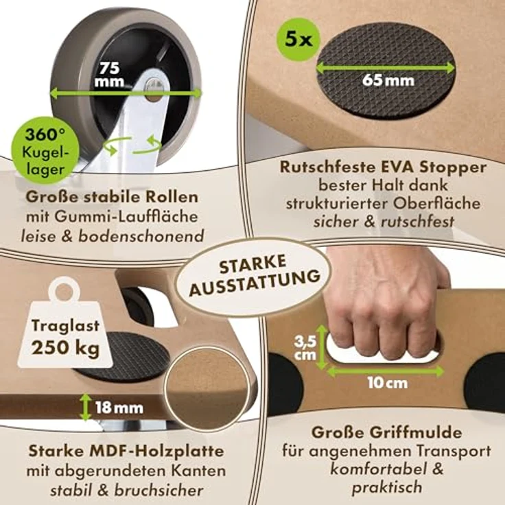 TTL HOME Möbelroller Scooter 2er Set, Rollbrett mit 250kg Traglast, 360° drehbare Gummirollen, 5 Anti-Rutsch-Pads, 58x30x11cm für schwere Gegenstände Indoor & Outdoor – Bild 4