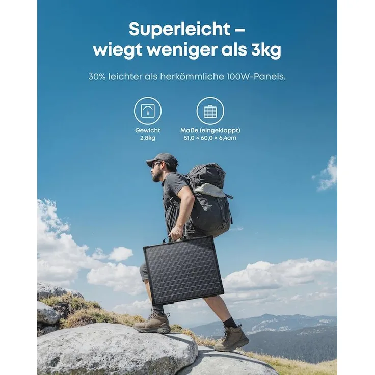 Anker SOLIX PS100 B, tragbares bifaziales Solarpanel mit 100W Leistung und über 25% Wirkungsgrad, ultraleicht, IP68 wasser- und staubdicht