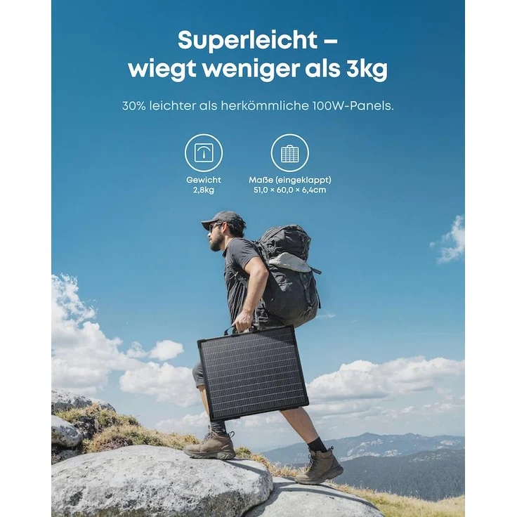 Anker SOLIX PS100 B, tragbares bifaziales Solarpanel mit 100W Leistung und über 25% Wirkungsgrad, ultraleicht, IP68 wasser- und staubdicht