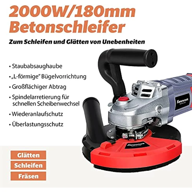 FANZTOOL Betonschleifer Betonfräse 2000W Set mit 180mm Diamantschleiftopf und Absaughaube – Bild 2