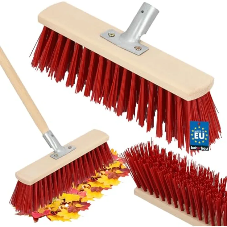 KOTARBAU® Straßenbesen 33 cm, Industriebesen mit Nylonborsten für Laub, robustes Holz, ideal für Innen- und Außenbereich, natürlich/rot