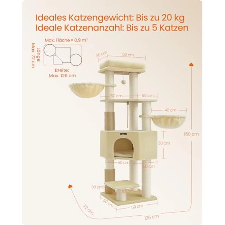 Feandrea Kratzbaum mit selbstwärmenden Decken für große Katze, Katzenbaum mit 2 Katzenbürsten, 11,1 cm d Dicke Stämme, große Plattformen, Höhle, 50 x 50 x 160 cm, sandbeige-beige PCT003Y01 – Bild 5