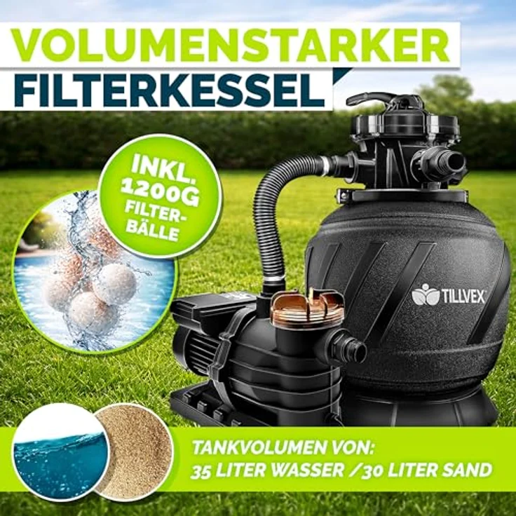 tillvex Sandfilteranlage 13.200L/h mit 1200g Filterbällen, selbstansaugend, 7-Wege Ventil & Adapter Ø32-38mm für Schwimmbecken bis 40.000L – Bild 7