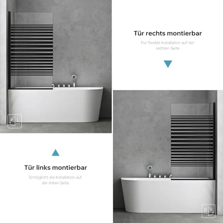 doporro Badewannenfaltwand Badewannenaufsatz Cortona201 Duschwand, Einscheibensicherheitsglas, Milchglasstreifen, schwarz – Bild 9