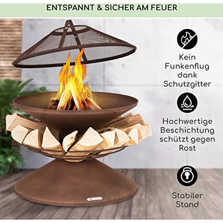 Blumfeldt Feuerschale, Wetterfeste Feuerstelle mit Grillrost & Funkenschutz, 55 cm hoch, aus robustem Stahl für Terrasse & Garten – Bild 3