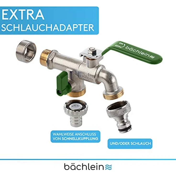 Bächlein Universal Doppel Auslaufhahn mit Reduzierungs-adapter für 1" Wandanschluss - Auslaufhahn mit 1/2 und 3/4 Zoll Anschluss – Bild 3