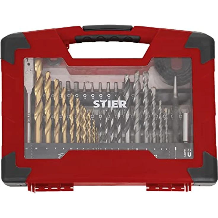 STIER TiN-Bohrer-Set, Säge-Set und Bit-Set, 100-teilig, Titaniumnitrid, Holzbohrer, Metallbohrer und Steinbohrer, vielseitiges Bit-Sortiment, inkl. magnetischem Bithalter und Steckschlüssel-Bits, umfangreiches Werkzeugset – Bild 1