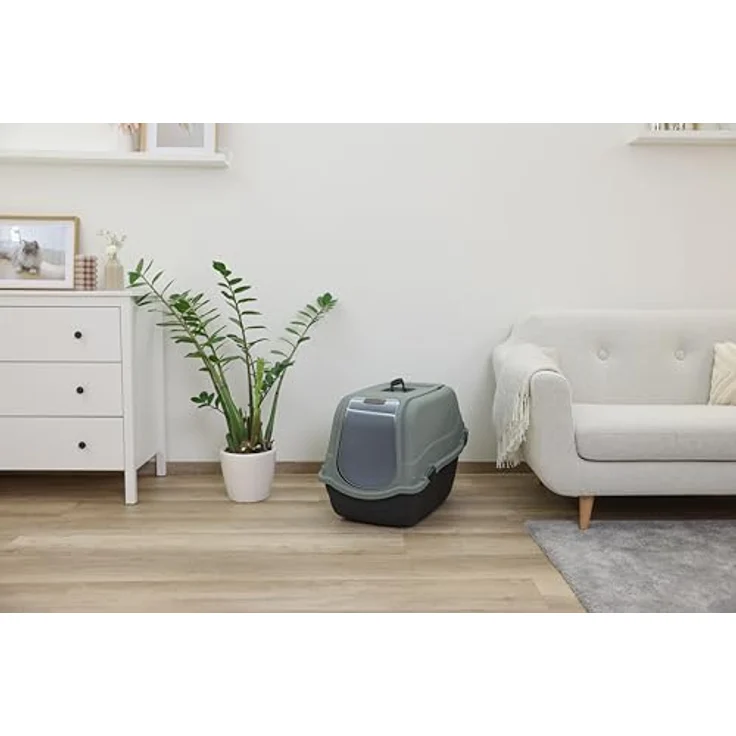 Kerbl Katzentoilette Emma Eco XL, umweltschonende Katzentoilette aus 100 % recyceltem Kunststoff mit Deckel, 65x44x46 cm, schwarz/grüngrau, inkl. Tür und Geruchsfilter – Bild 2
