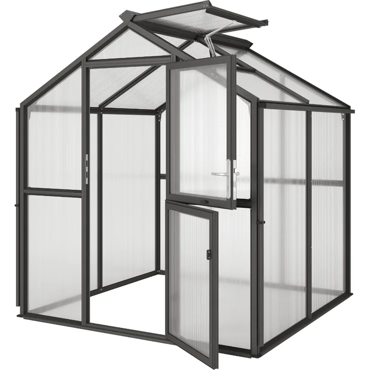 KGT Gewächshaus "Galant II", anthrazit-grau, 4,5 m², 10 mm HKP, Aluminium mit Dachfenstern und abschließbarer Drehtür