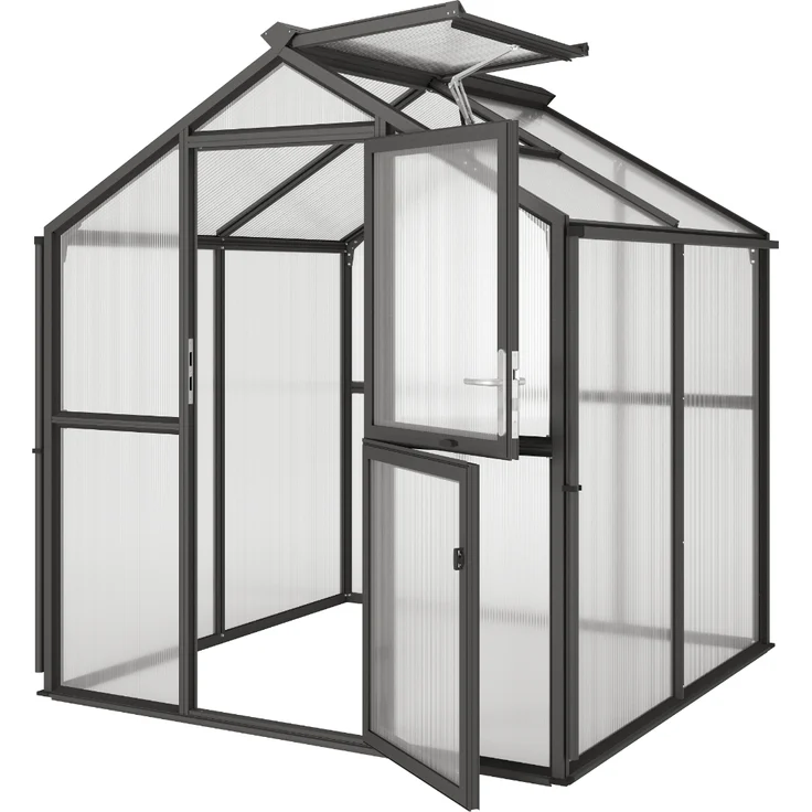KGT Gewächshaus "Galant II", anthrazit-grau, 4,5 m², 10 mm HKP, Aluminium mit Dachfenstern und abschließbarer Drehtür