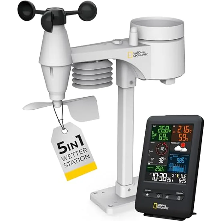 National Geographic Color-Display Center 5in1 9080500, kabellose Wetterstation mit 12-24 Stunden Wettervorhersage