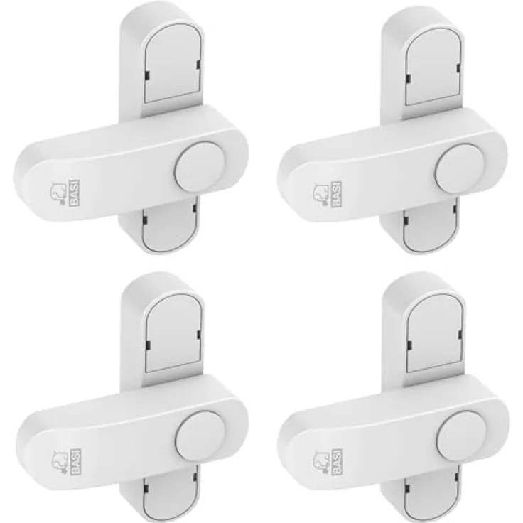 BASI | Fenstersicherung 4er Set | Weiß Braun | Zusatzsicherung für einflügelige Fenster Fenstertüren | verriegelbar mit Druckknopf | Schwenkriegel | Einbruchschutz | Farbe Weiß | 4 Stück