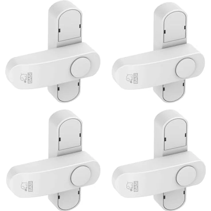 BASI | Fenstersicherung 4er Set | Weiß Braun | Zusatzsicherung für einflügelige Fenster Fenstertüren | verriegelbar mit Druckknopf | Schwenkriegel | Einbruchschutz | Farbe Weiß | 4 Stück – Bild 1