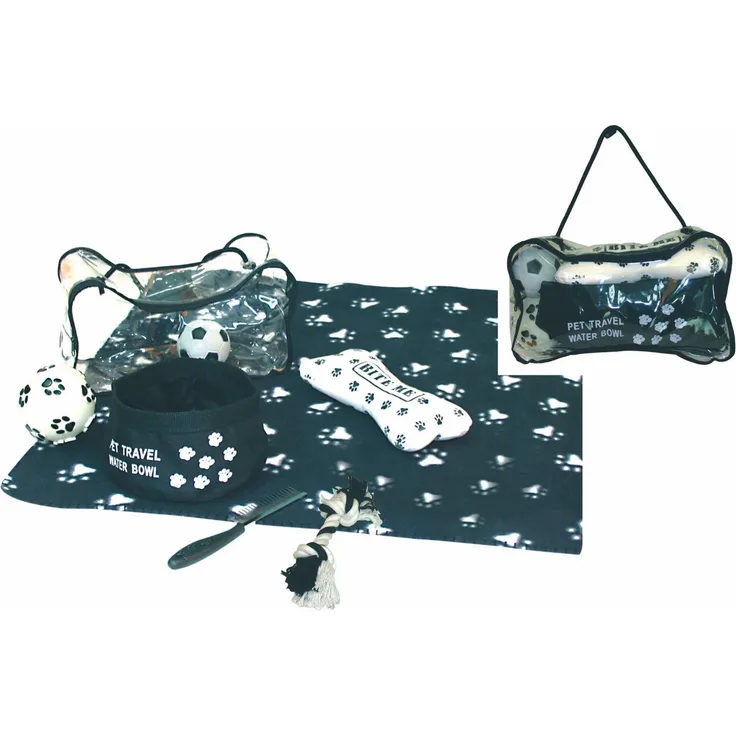 HEIM Outdoor-Spielzeug Reiseset für Hunde - 7-teilig, (7-tlg) - Tragetasche mit Fleecedecke, Spielzeug und Zubehör, blau